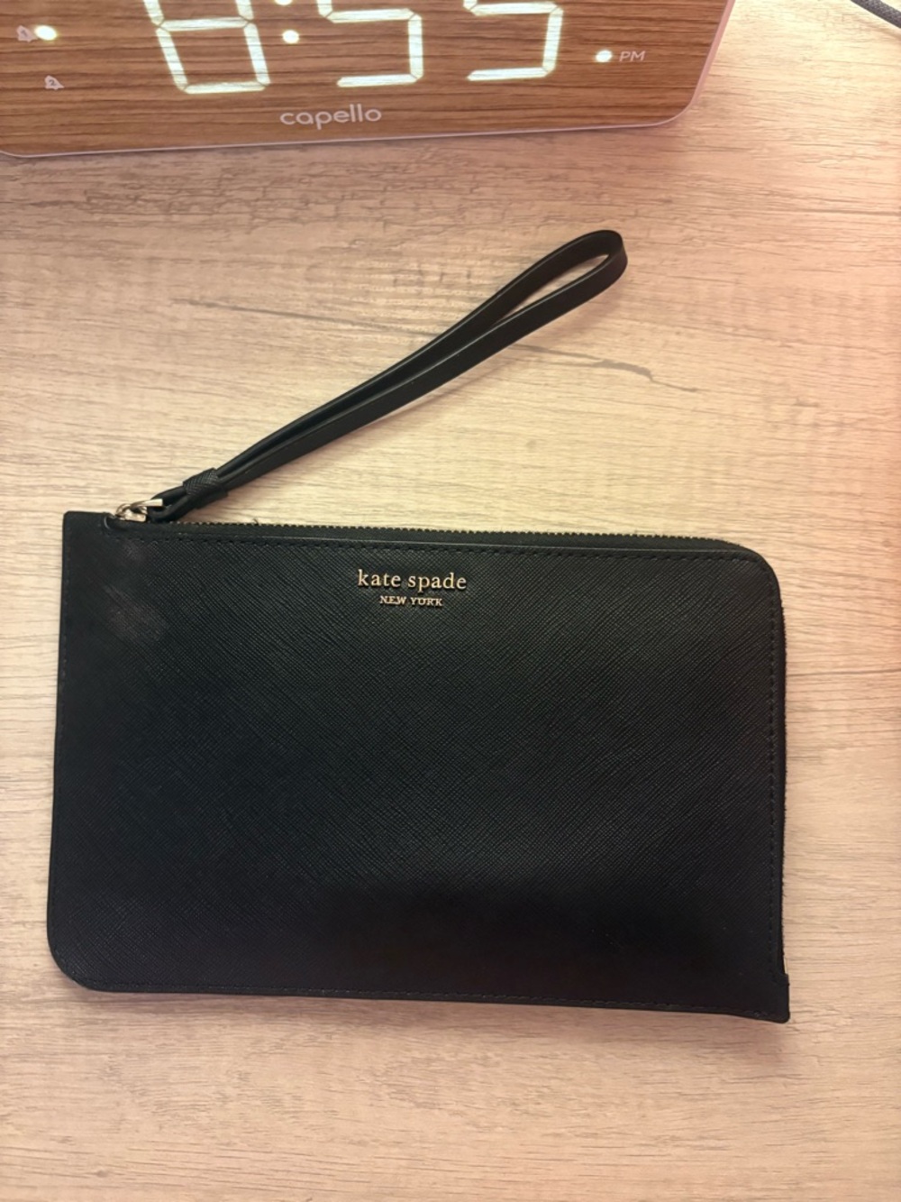 kate spade black leather wristlet clutch with gold logo